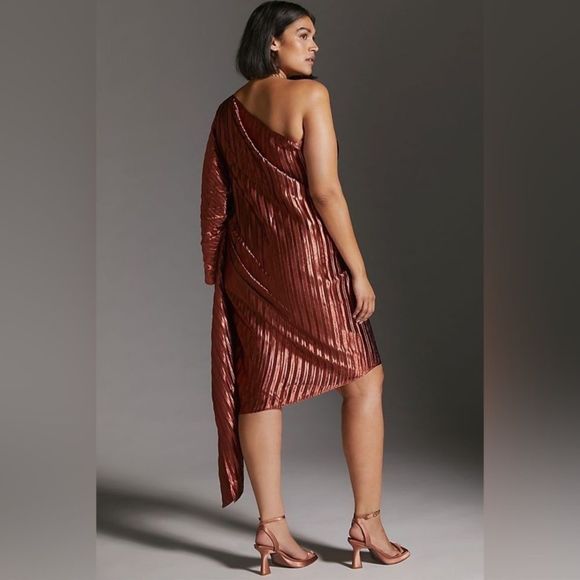 NWT ❤️GUAPA ❤️GORGEOUS❤️ANTHROPOLOGY ❤️One-Shoulder Midi Dress 14P Copper - Picture 5 of 14